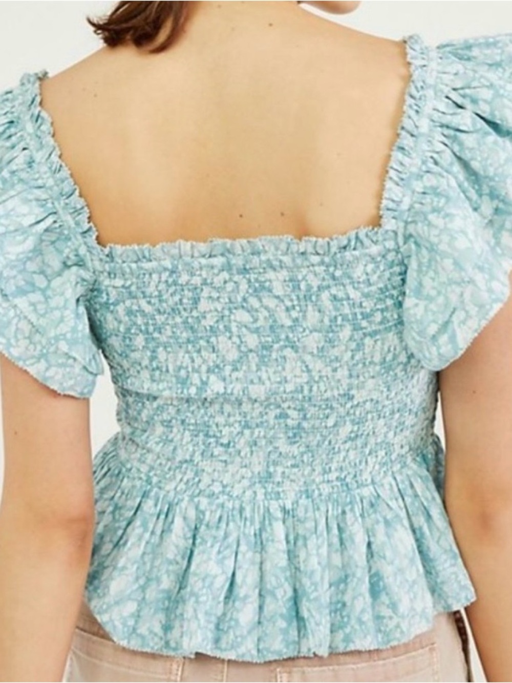 Anthropologie Love the Label Light Aqua Smocked Peplum Top - Picture 2 of 5